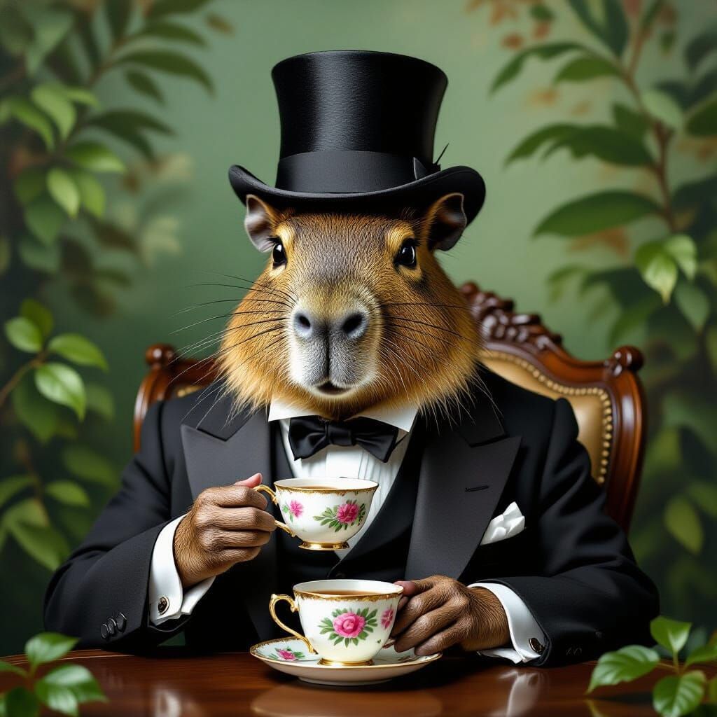 Victorian Capybara Sipping Tea: Hyperrealistic Charcoal Draw...