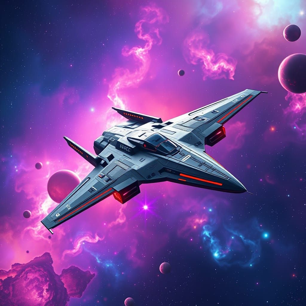 Sleek Futuristic Space Force Fighter Jet in Iridescent Nebul...