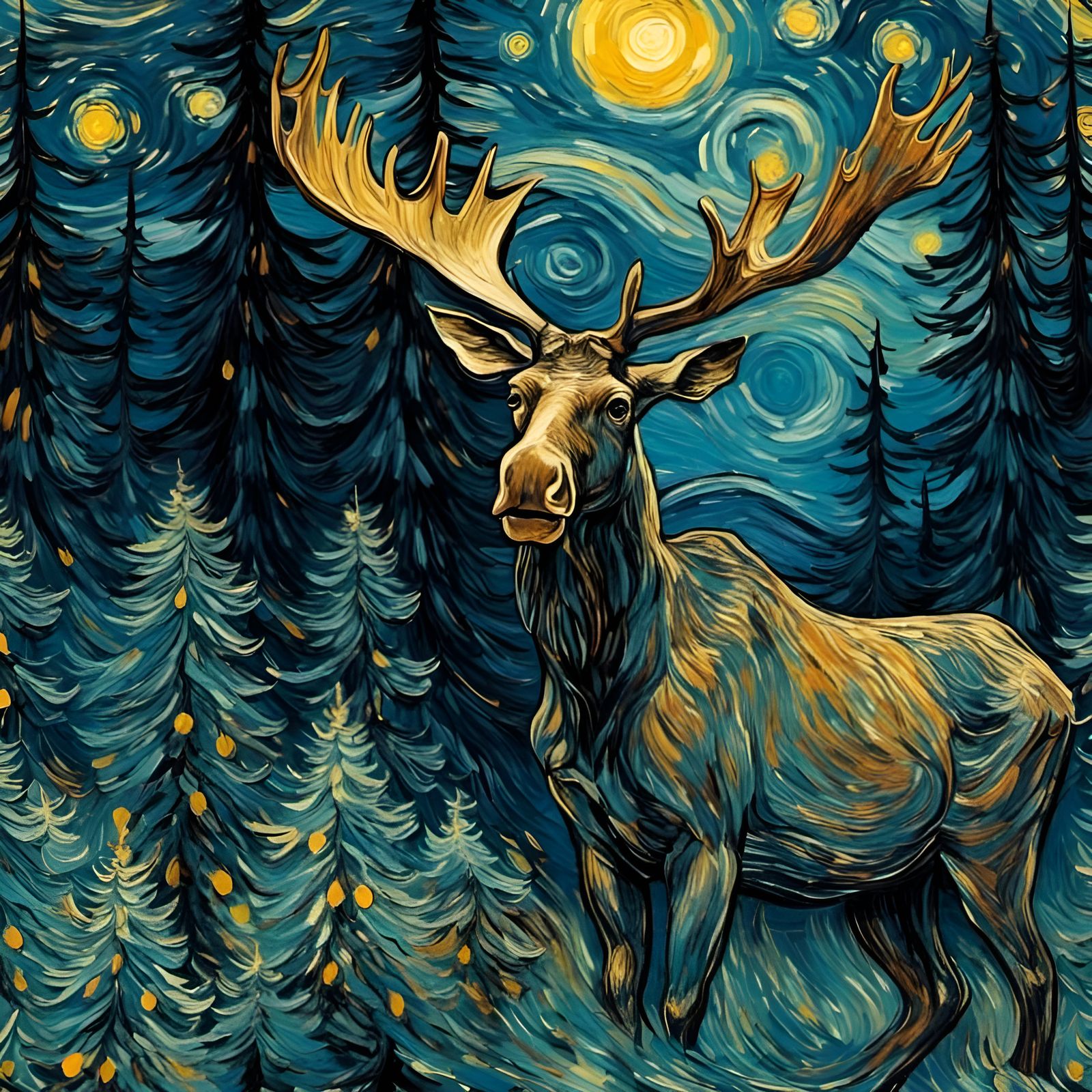 Majestic Moose in a Starry Pine Forest