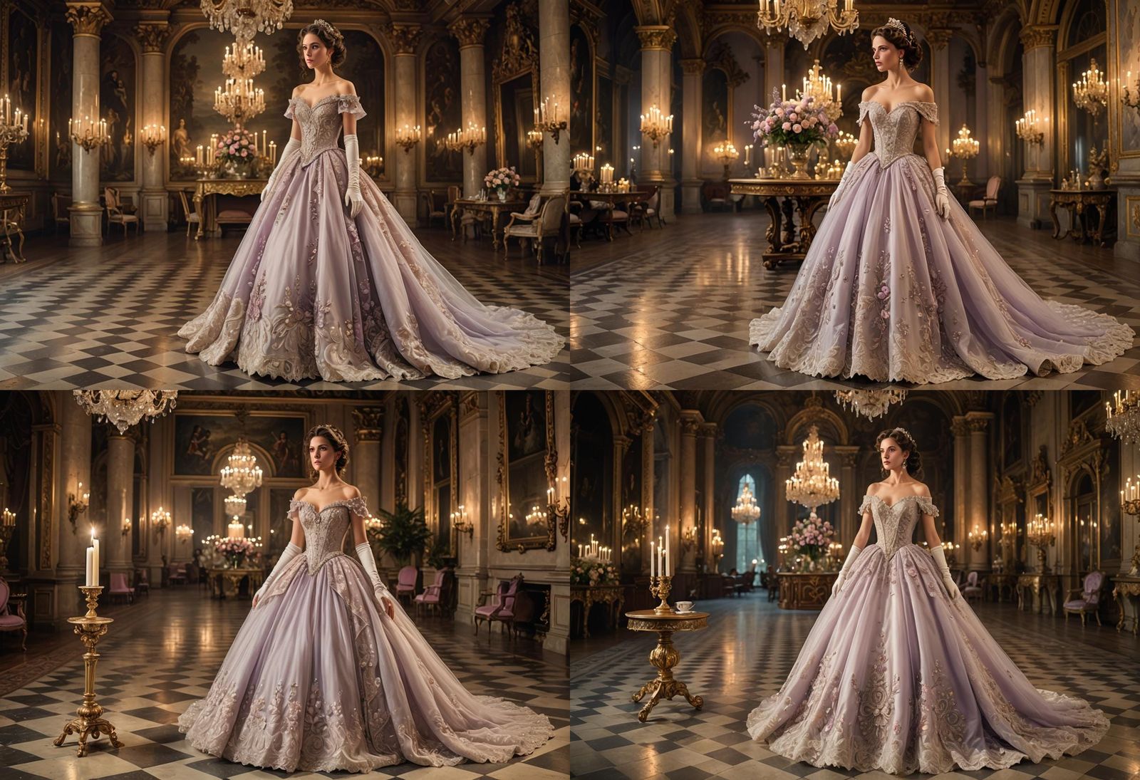 A noblewoman wearing a pale lavender 1850s haute couture ins...