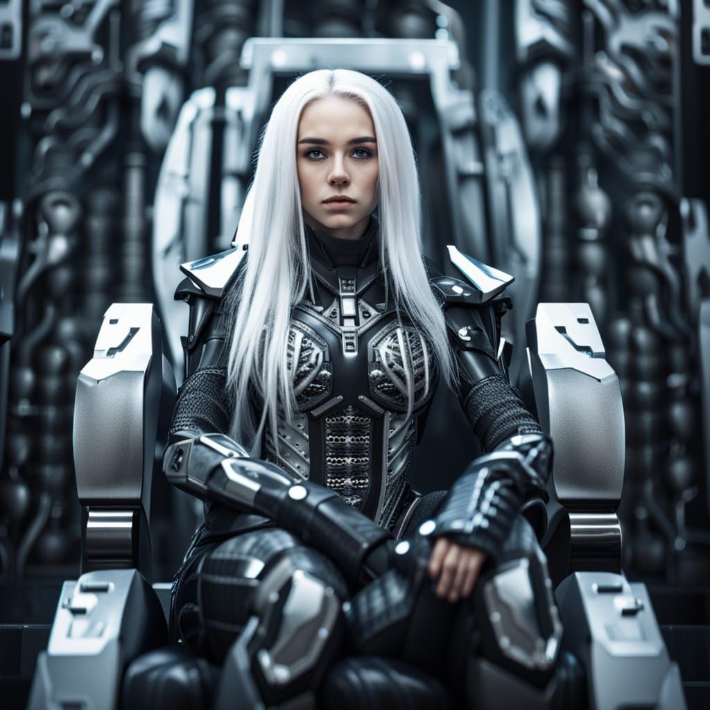 Stern Woman with Sci-Fi Armor on Cyberpunk Throne