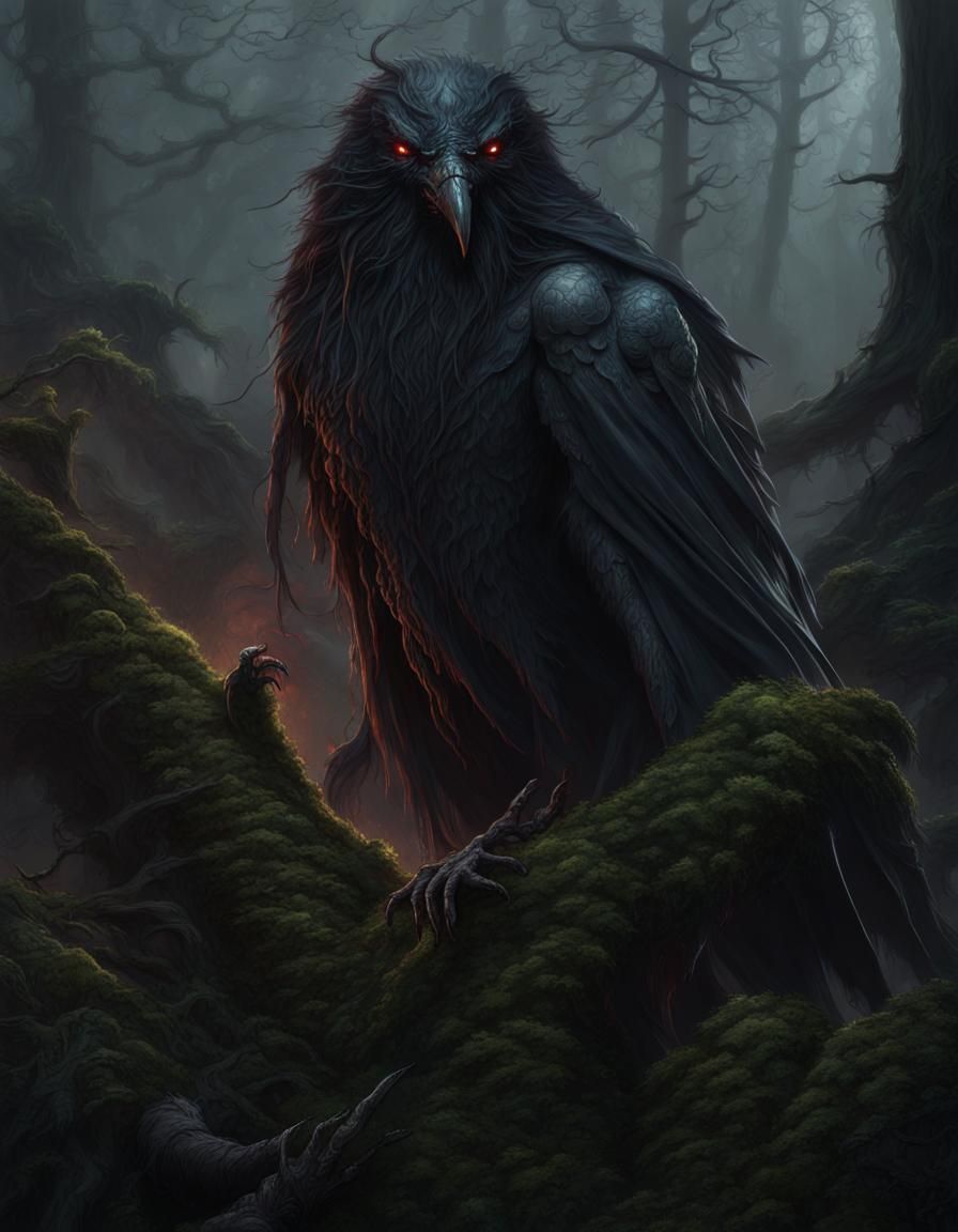 Eerie Hag in Dark Fantasy Forest with Raven
