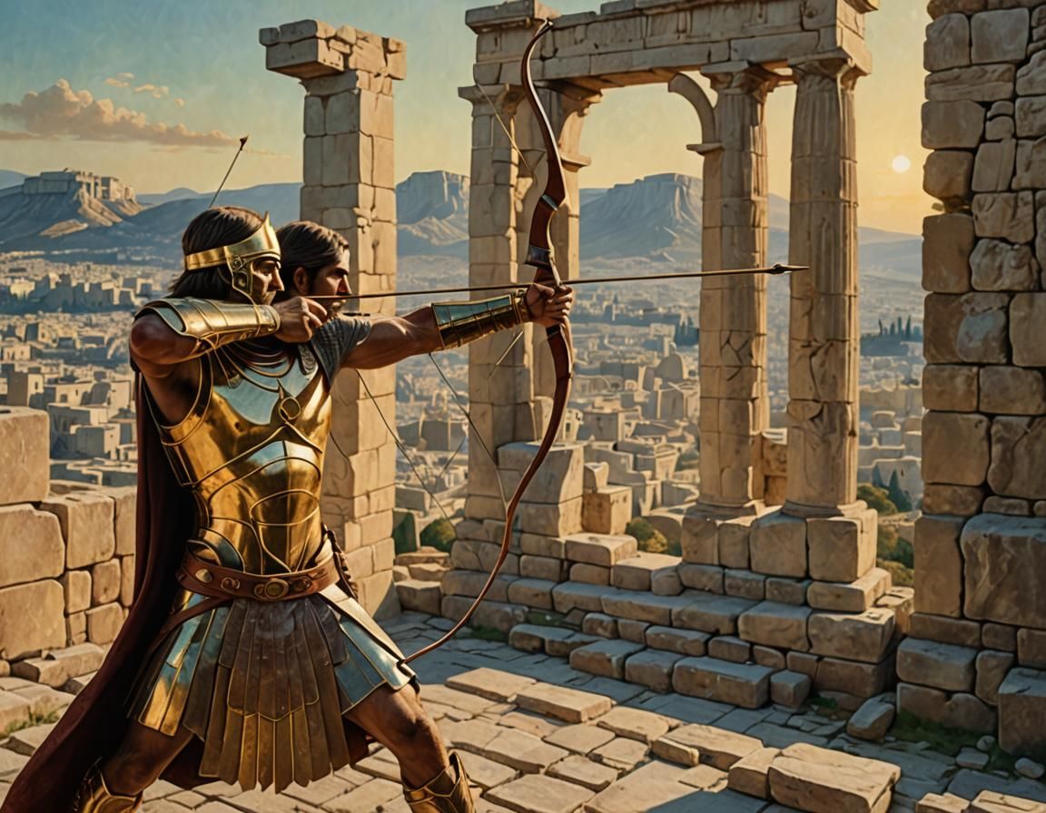 Archery, an ancient Athenian warrior fighting against Persians holding an arch, in front of Walls of Acropolis, masterp...