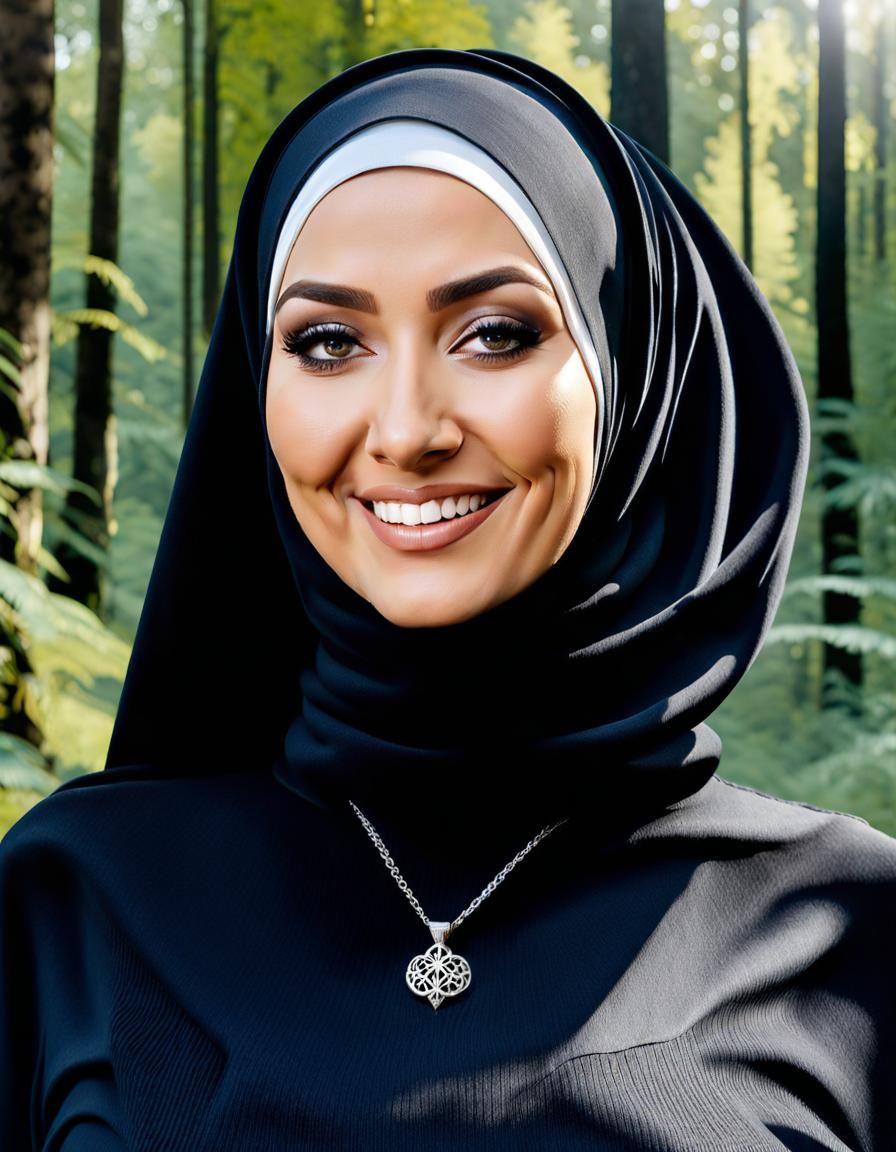 German Woman in Hijab in Lush Forest Oil Painting