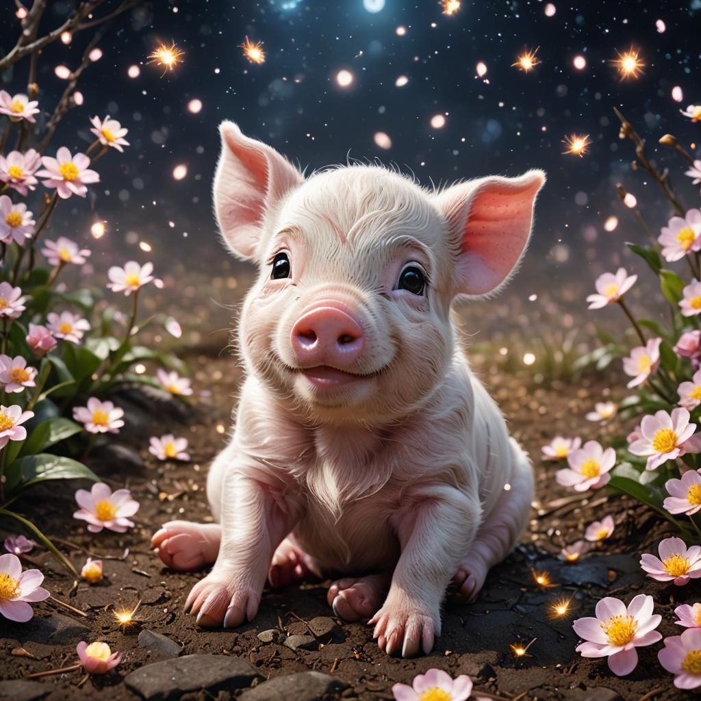 Hyper-Realistic Piglet with Fireflies in Digital Art