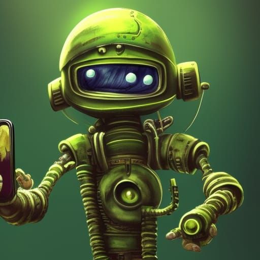 Green Robot Selfie in Machinarium Style