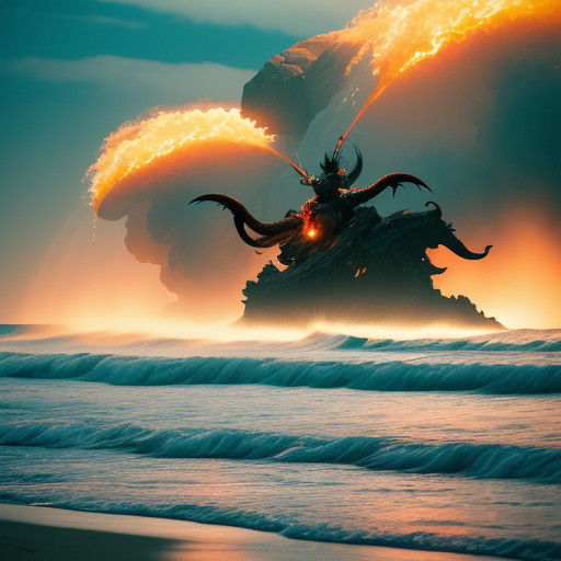 Surreal Robot Rider Conquers Majestic Dragon Along Ocean Bea...