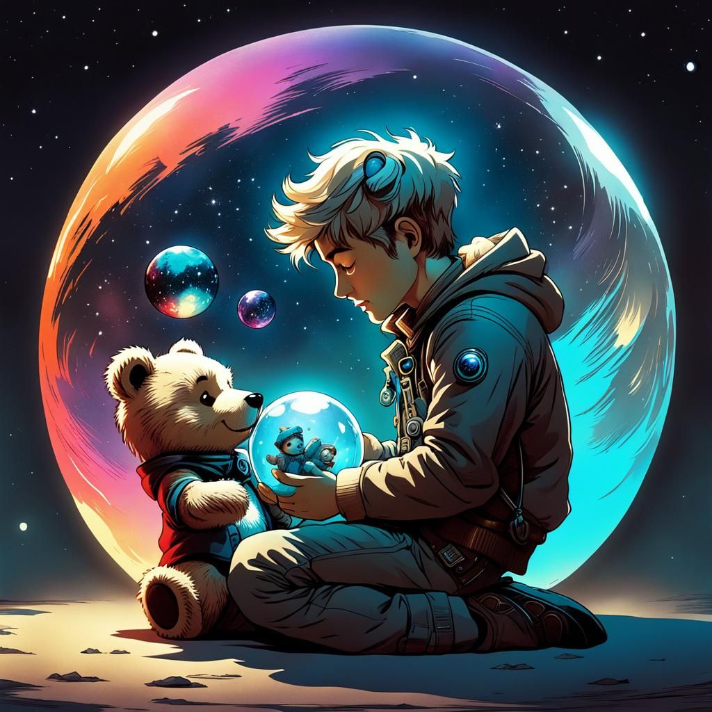 Boy Sleeping in Sphere Held by Teddy Bear
