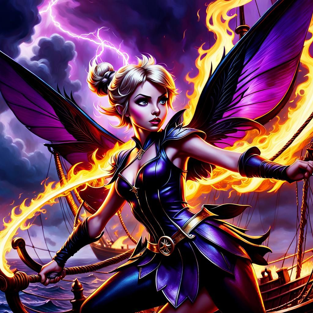 Tinkerbell Battles Captain Hook in Dark Fantasy Style