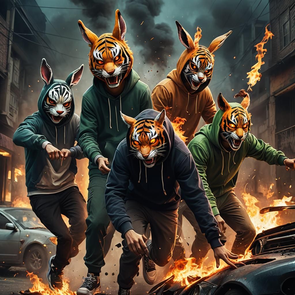 Animal Masked Figures Celebrate Near Burning Car