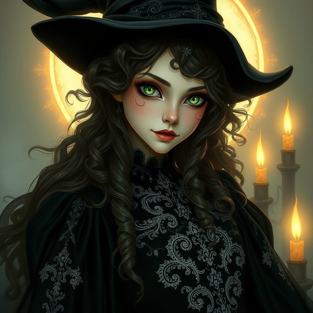 Gothic Whimsy Witch in Ethereal Candlelight