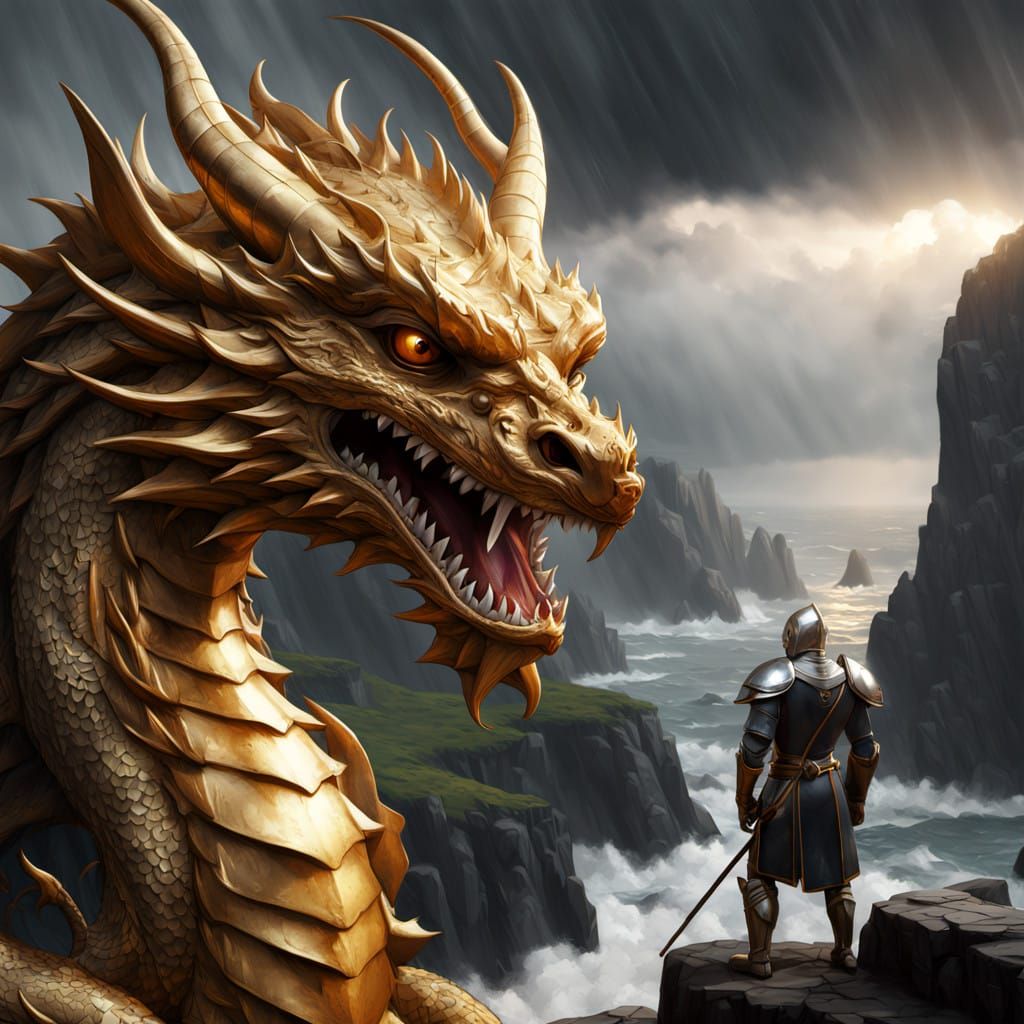 Golden Dragon Confronts a Knight on a Cliff's Edge in a Stor...