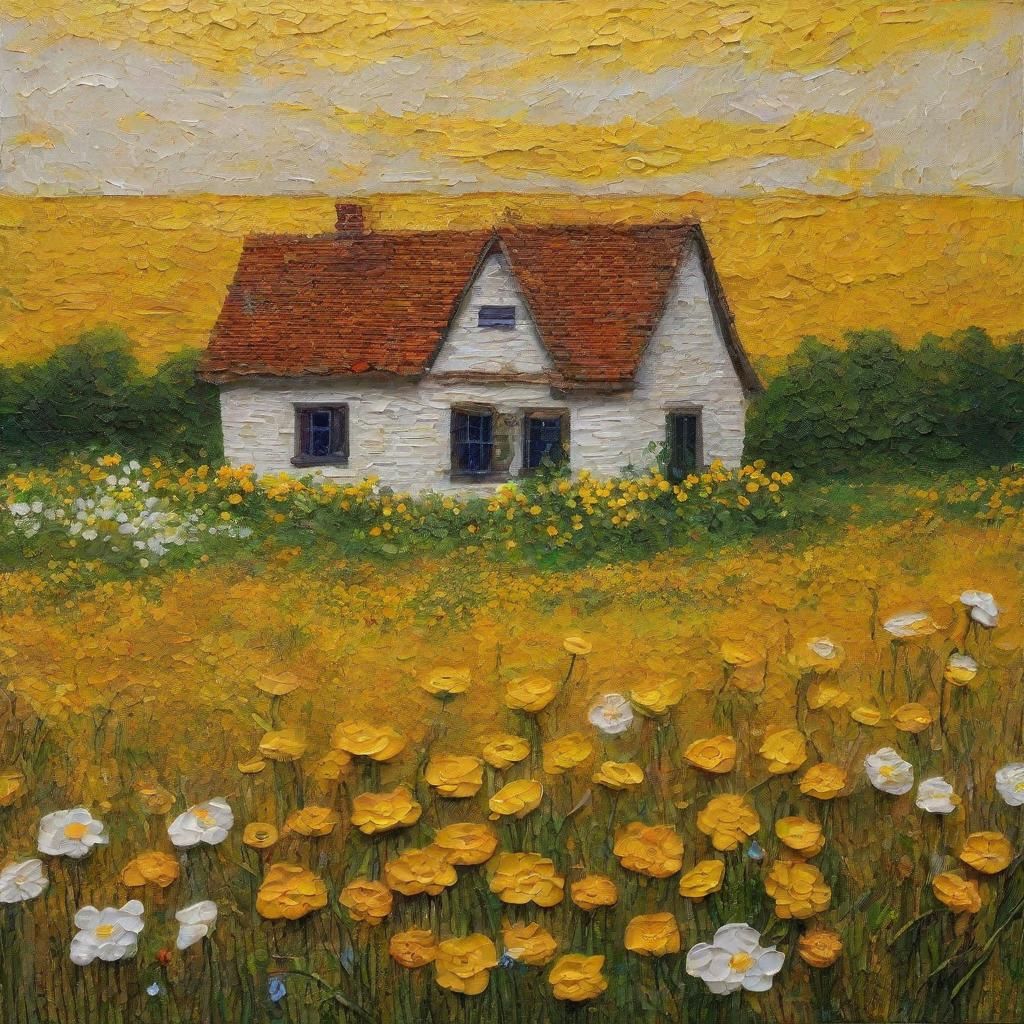 Impasto Flower Field Painting in Cottagepunk Style