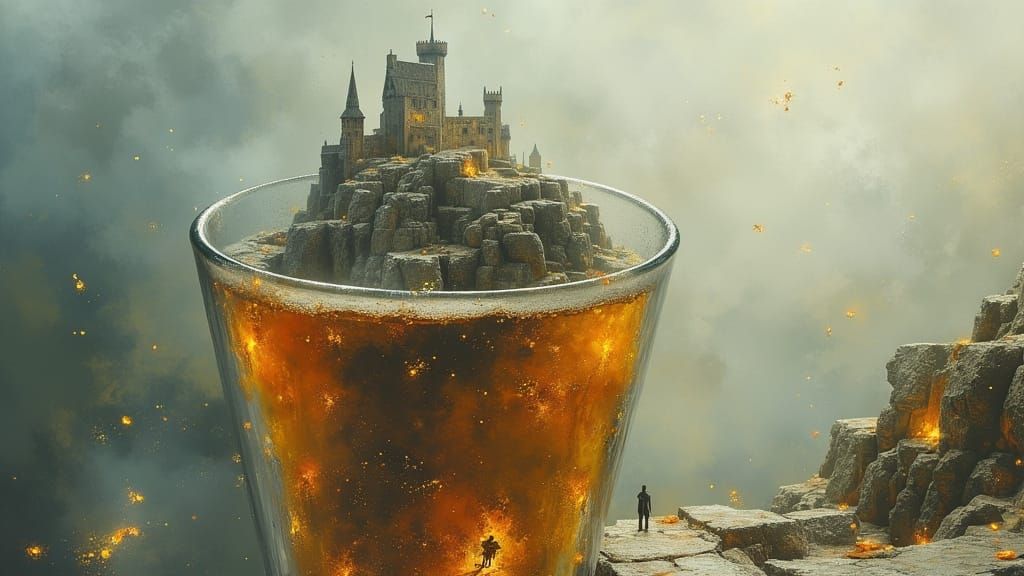 Surreal Castle in Beer Glass on Mountain Top