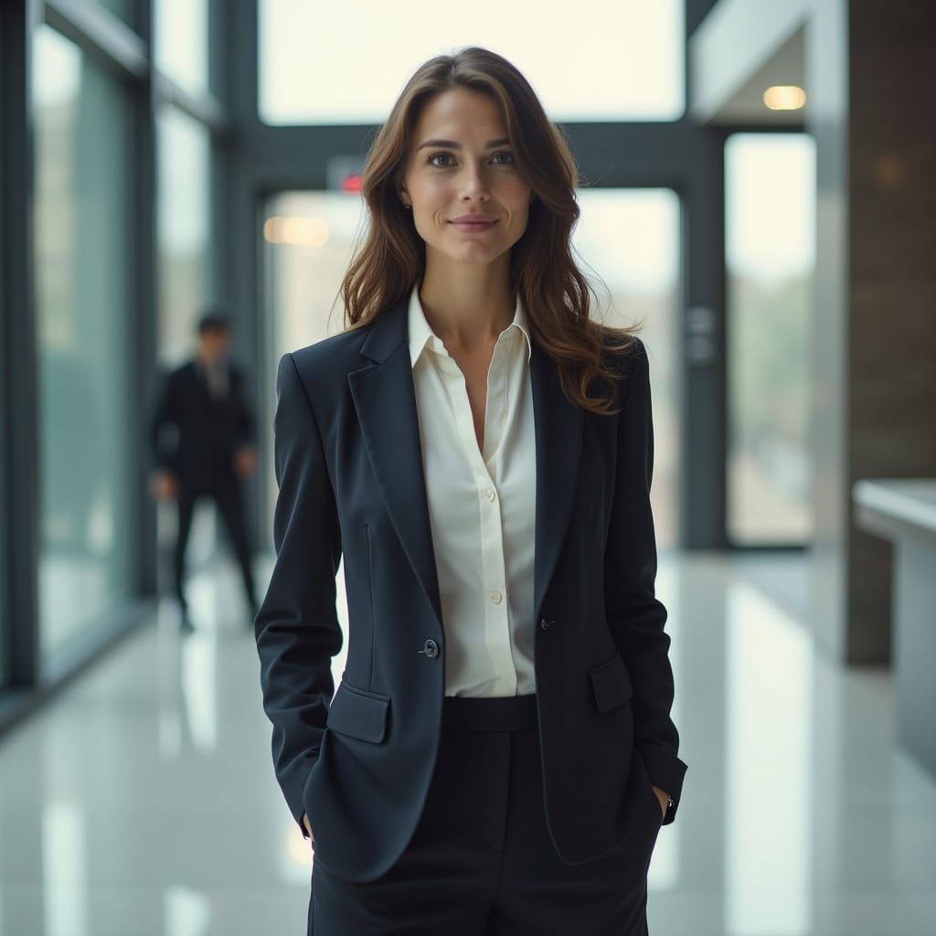 Hyperrealistic Photo of Woman in Office Lobby