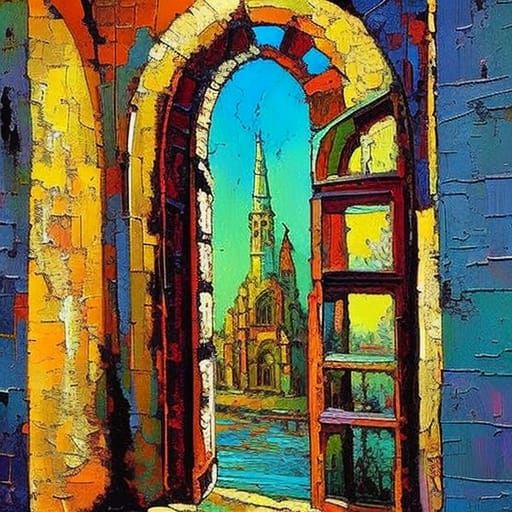 Magical View Through Gothic Window, Palette Knife Painting