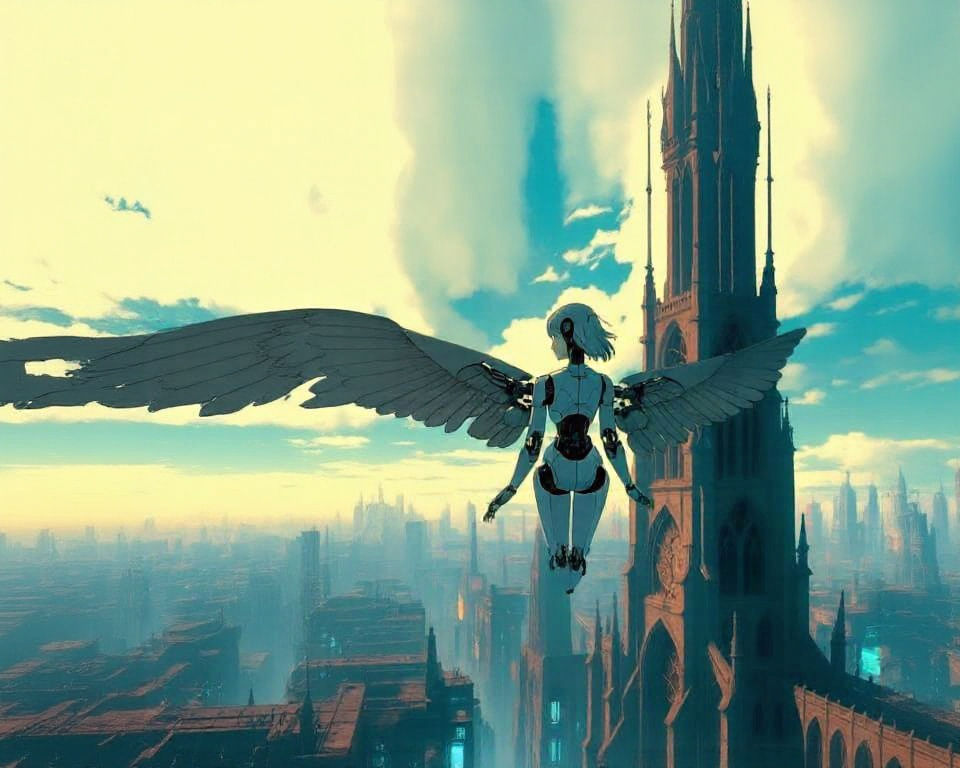 Robot Angel Above Clockwork Cathedral in Cyberpunk City