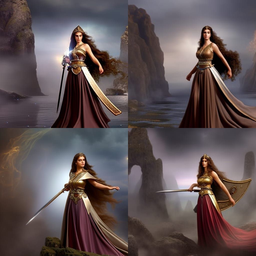 Greek Goddess with Sword and Shield in Ethereal Style