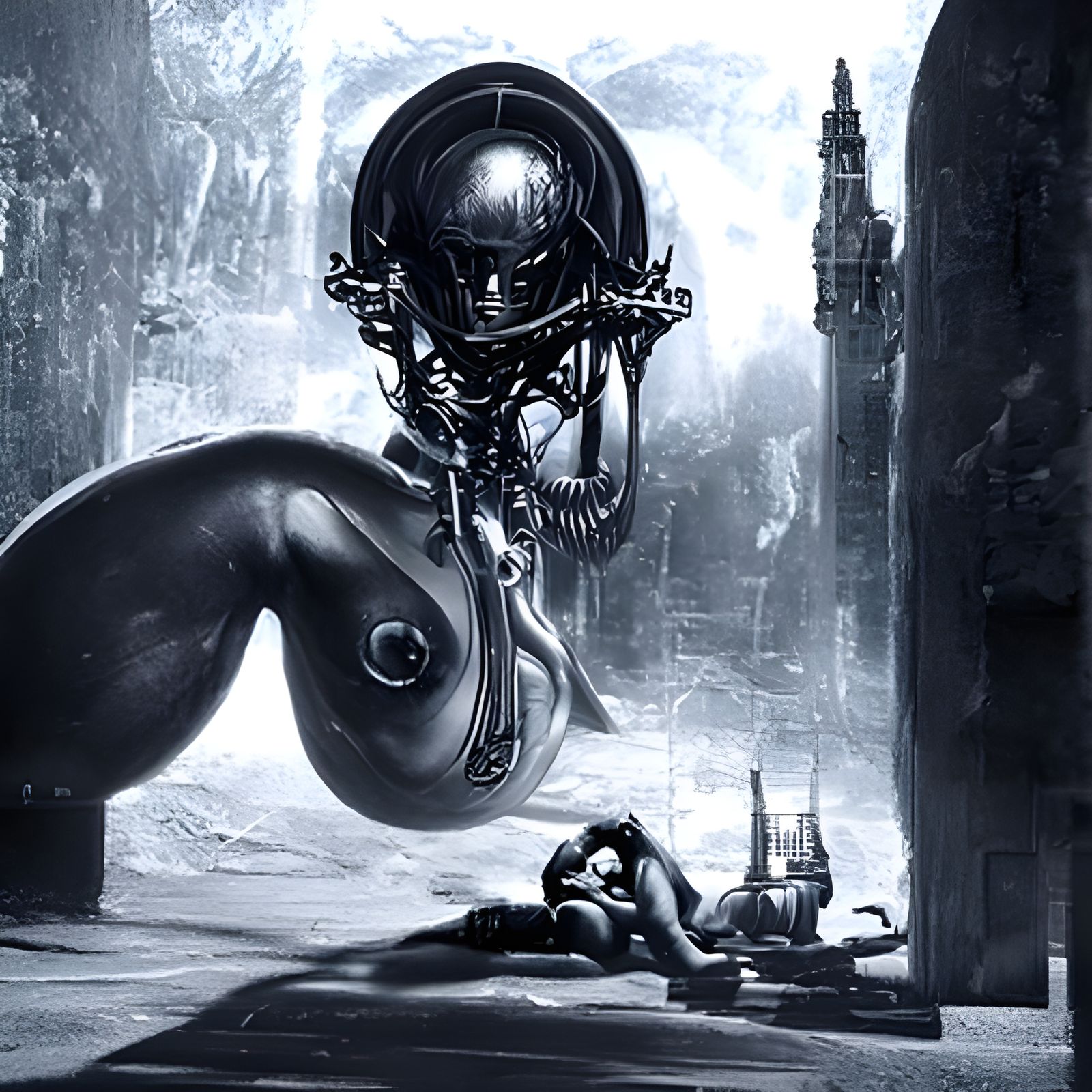Surreal Nude in Giger-Inspired Steampunk Alien Landscape