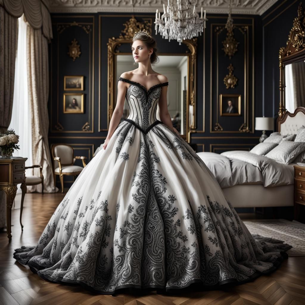 Stunning Princess in Black and White Gown Portrait