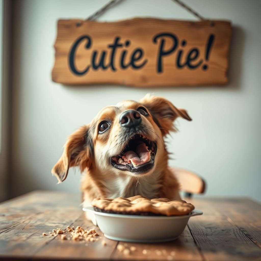 Dog Eating Pie Under "Cutie Pie" Sign