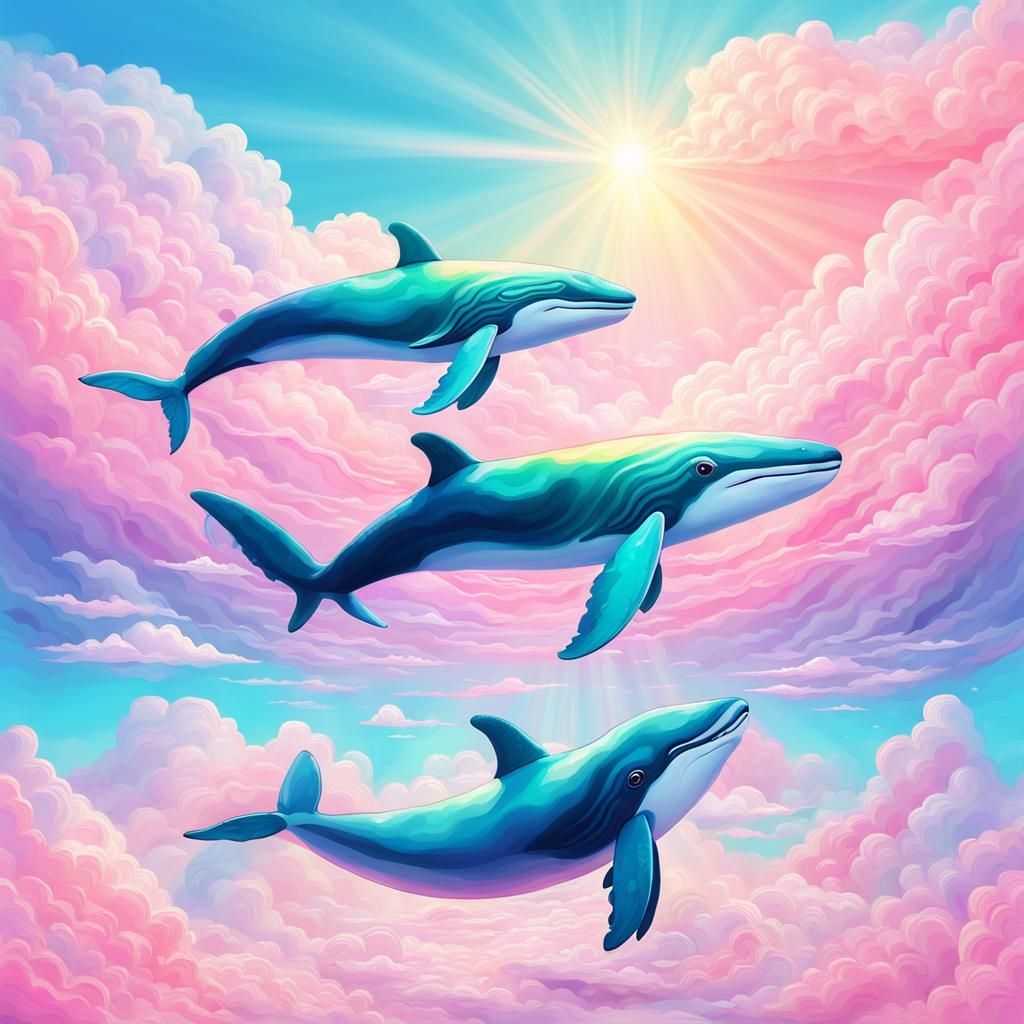 Iridescent Rainbow Whales in Pastel Hues