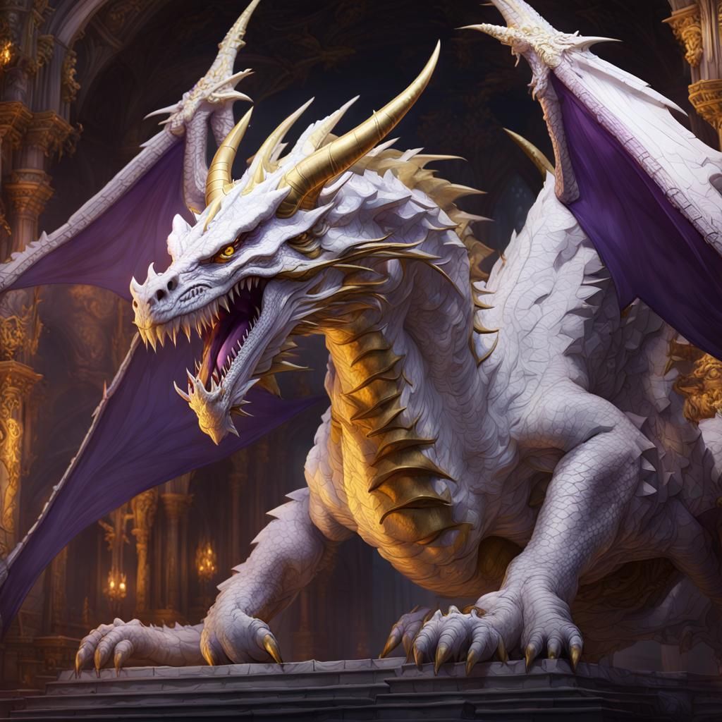 Majestic White and Gold Dragon in Dark Fantasy Art