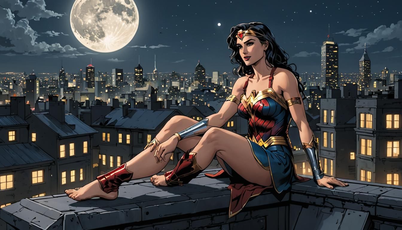 Wonder Woman Barefoot on Gotham Roof: Anime Style