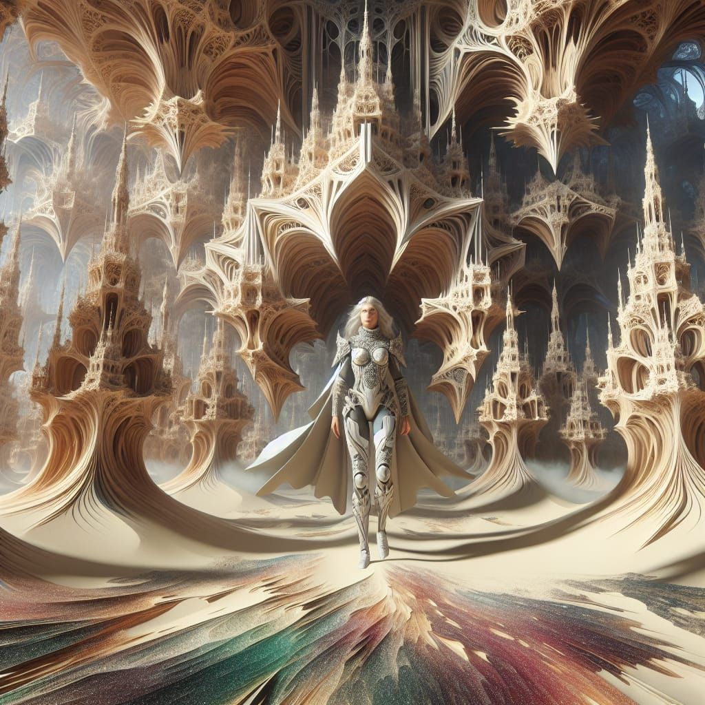 Cyberpunk Warrior Princess in Vibrant Fractal Sanctuary