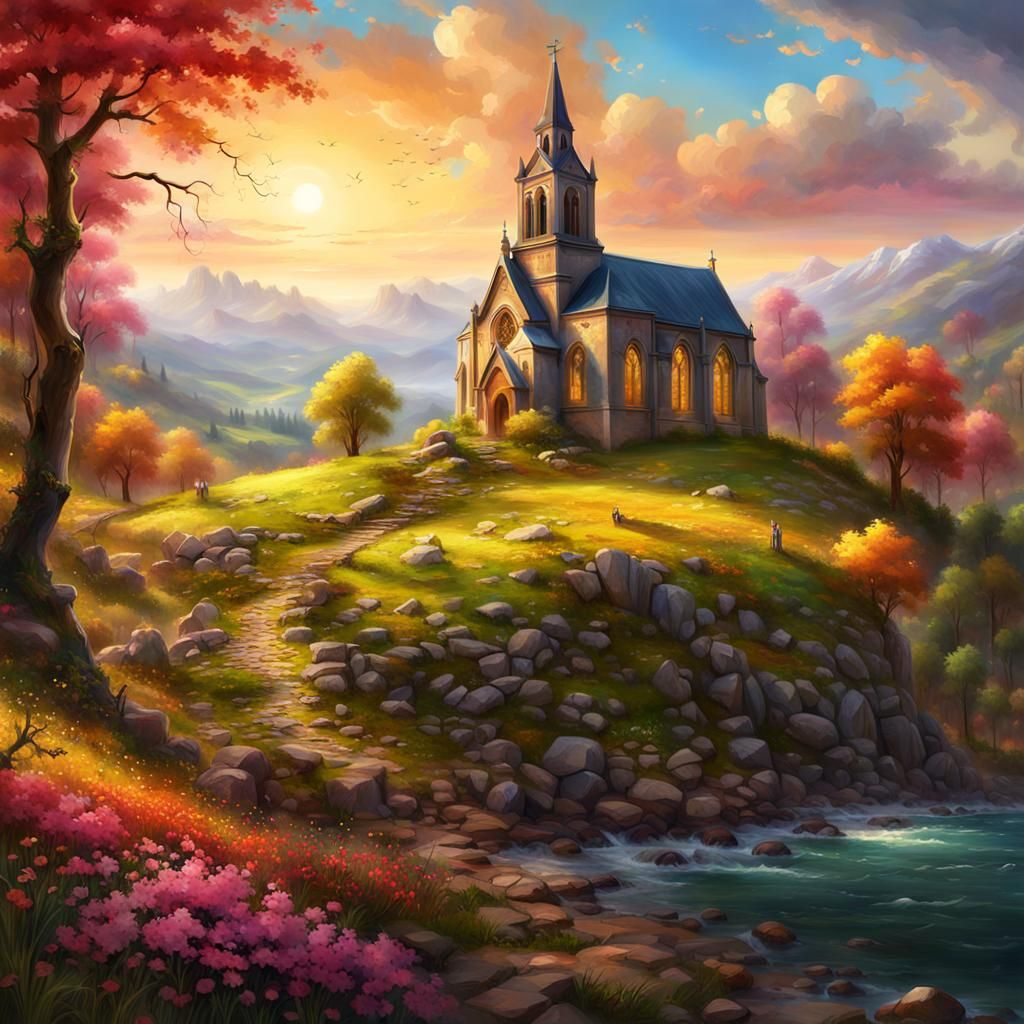 Protestant Church in Spring Countryside: Detailed Matte Pain...