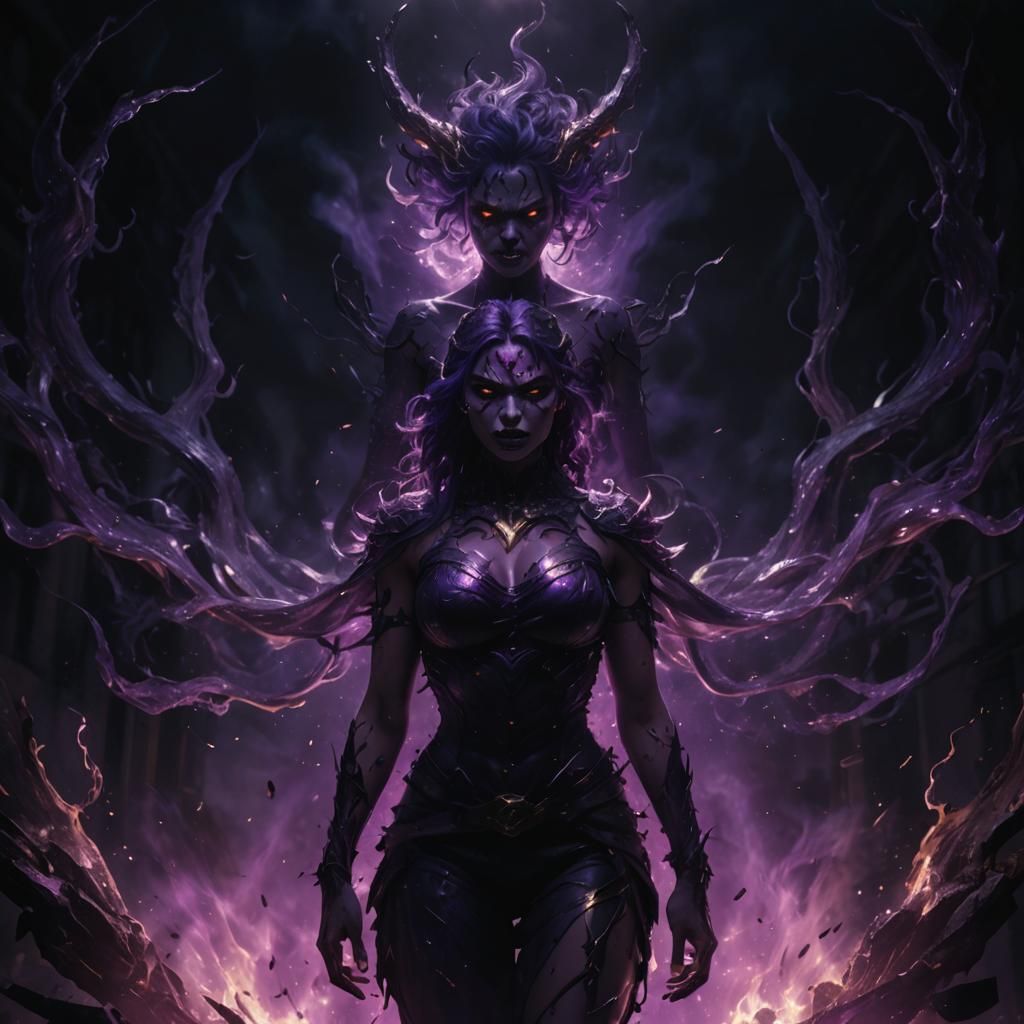 Enraged Demon Girl with Purple Energy Sparkles