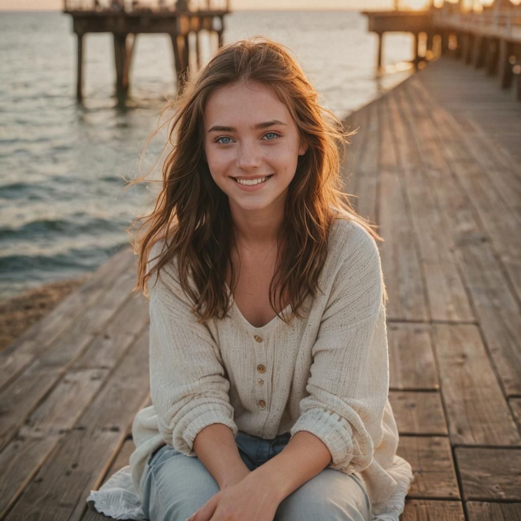 Smiling Brunette Girl on Ocean Pier at Sunset
