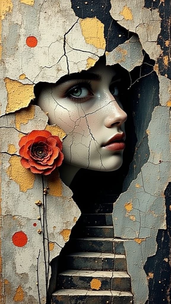 A woman with her face cracked and fractured like a broken mi...