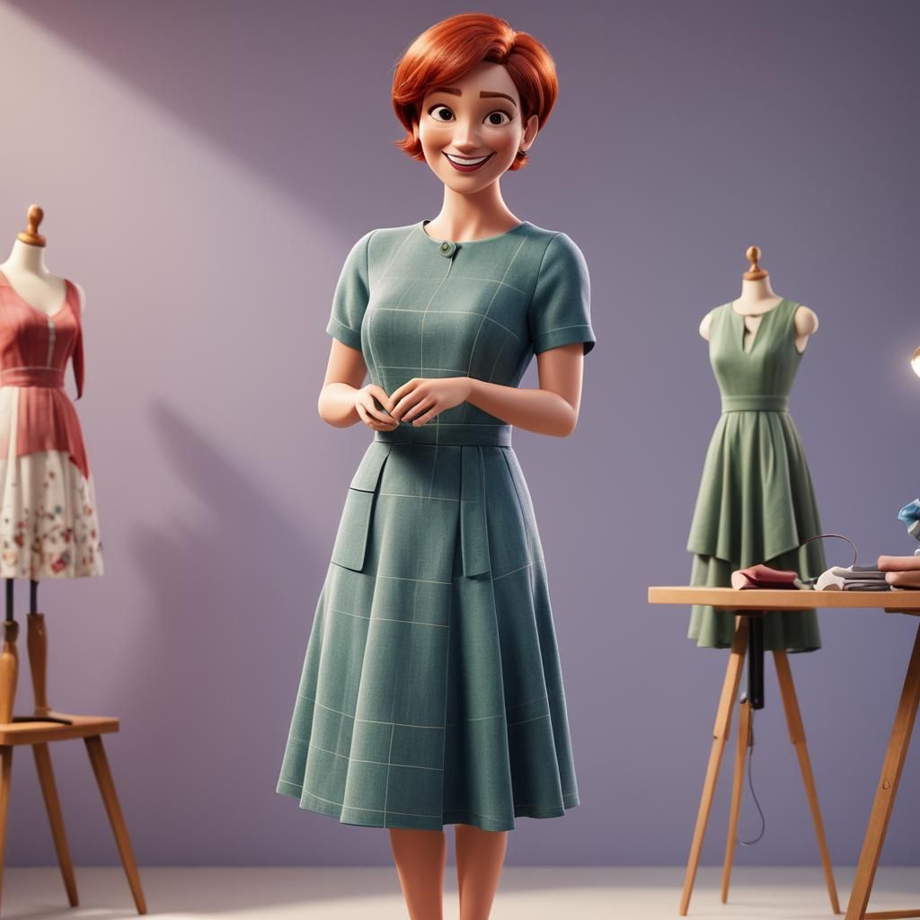 Smiling Woman Measures Mannequin in Pixar Style