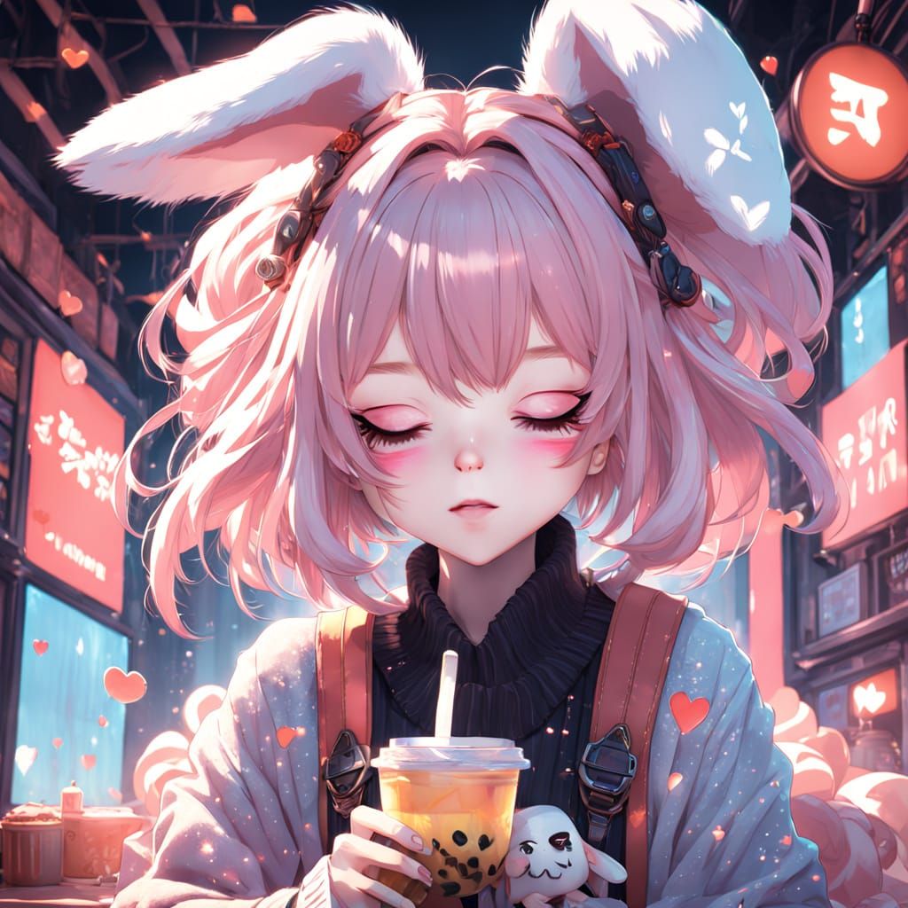 Anime Girl with Bubble Tea in Kawaii Style