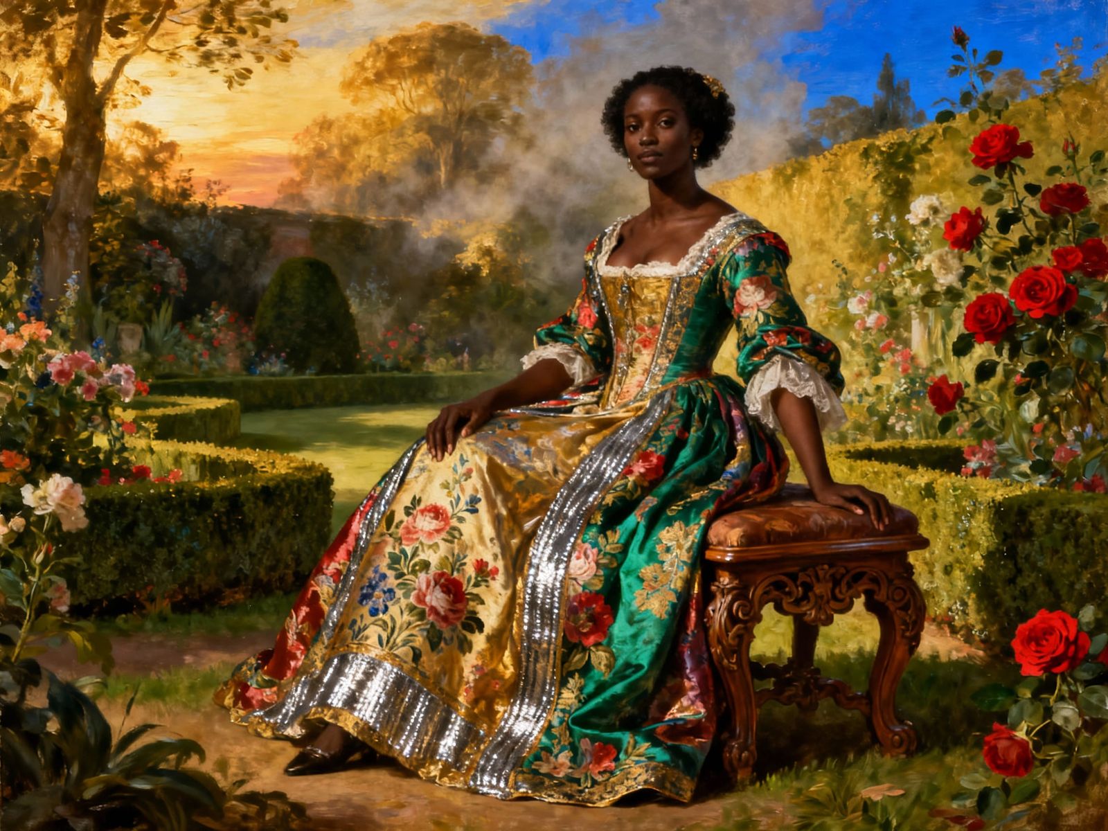 Caribbean Woman in Brocade Gown in English Garden