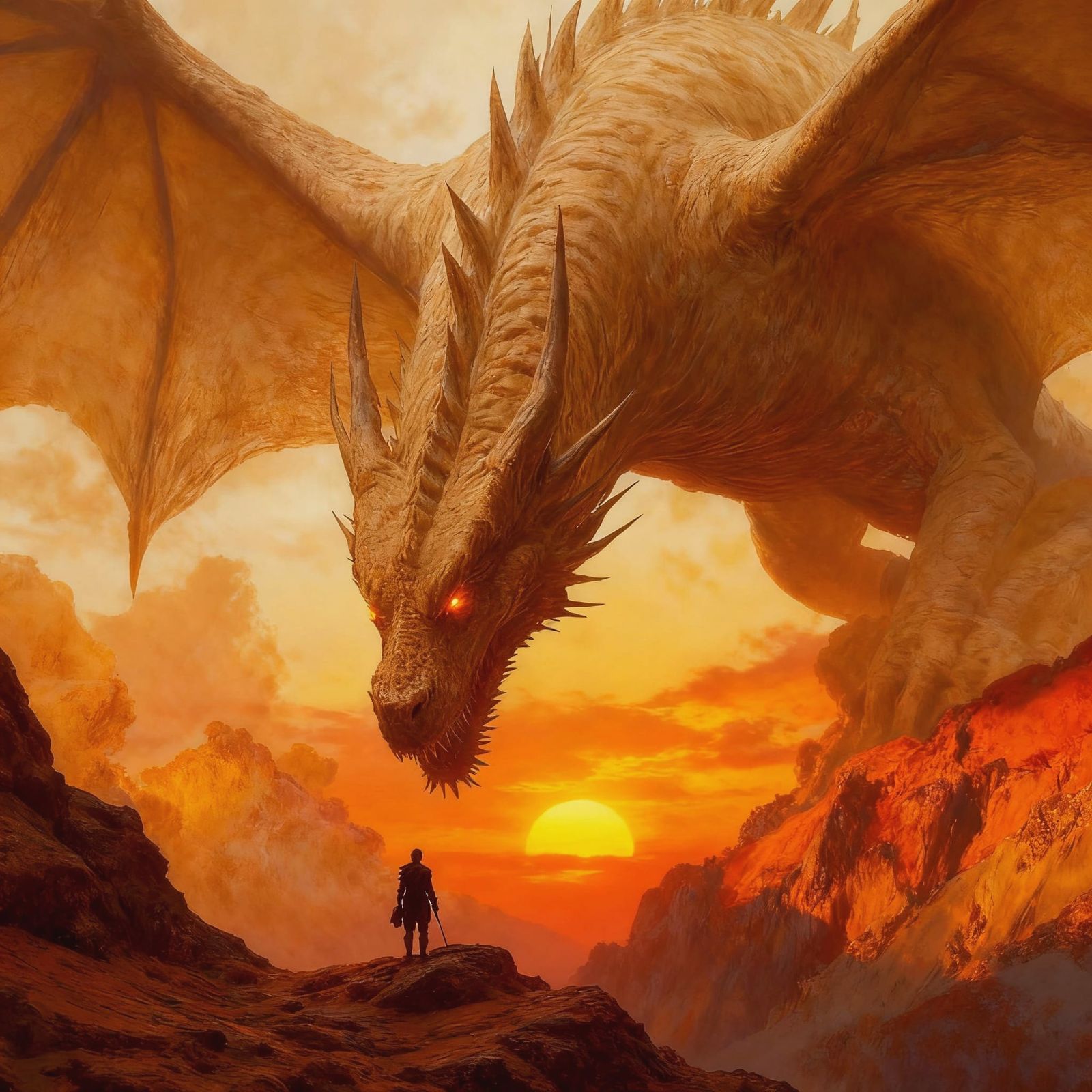 Fantasy Dragon Trainer Silhouetted Against Colossal Sky Drag...