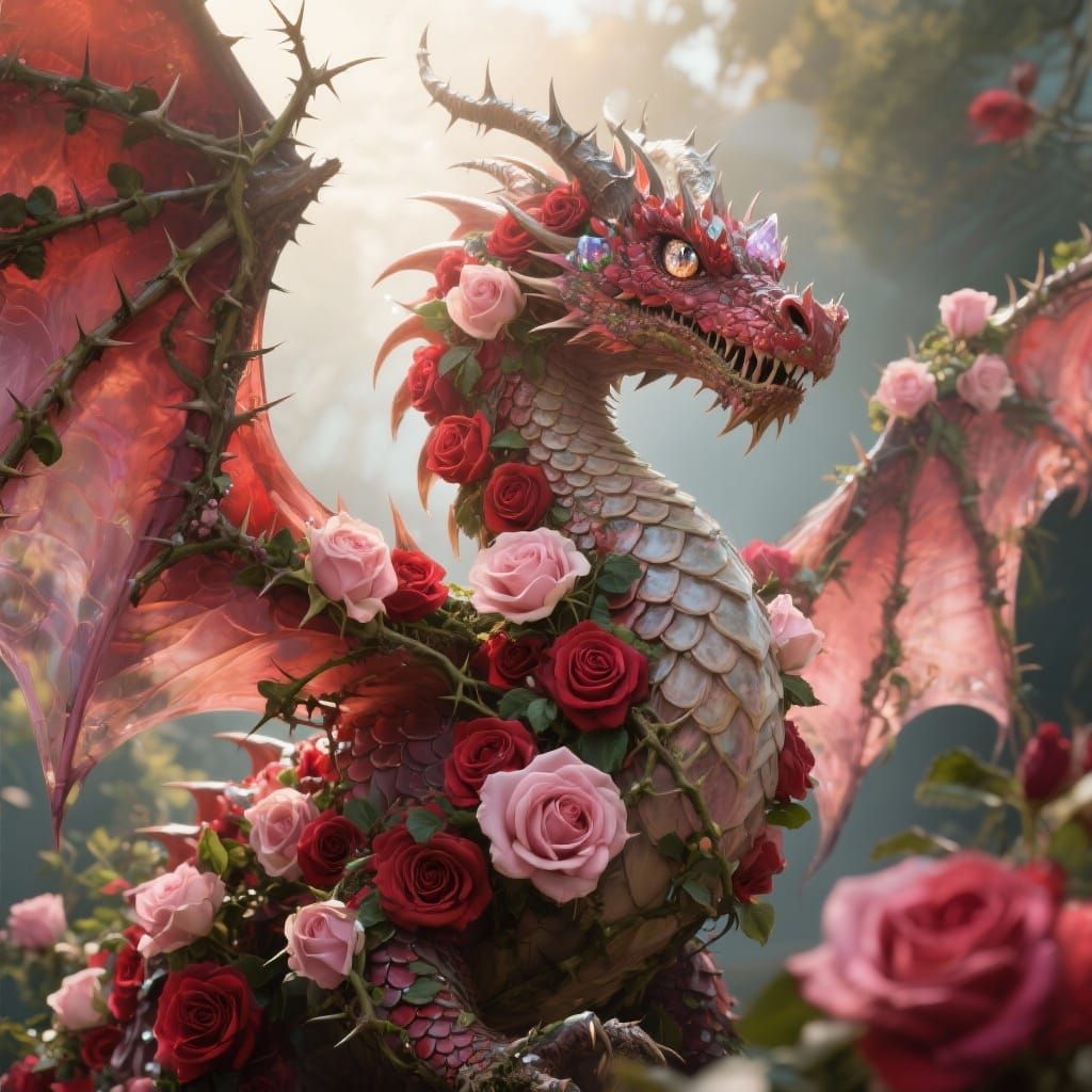 Hyper-Realistic Dragon Made of Roses and Vines