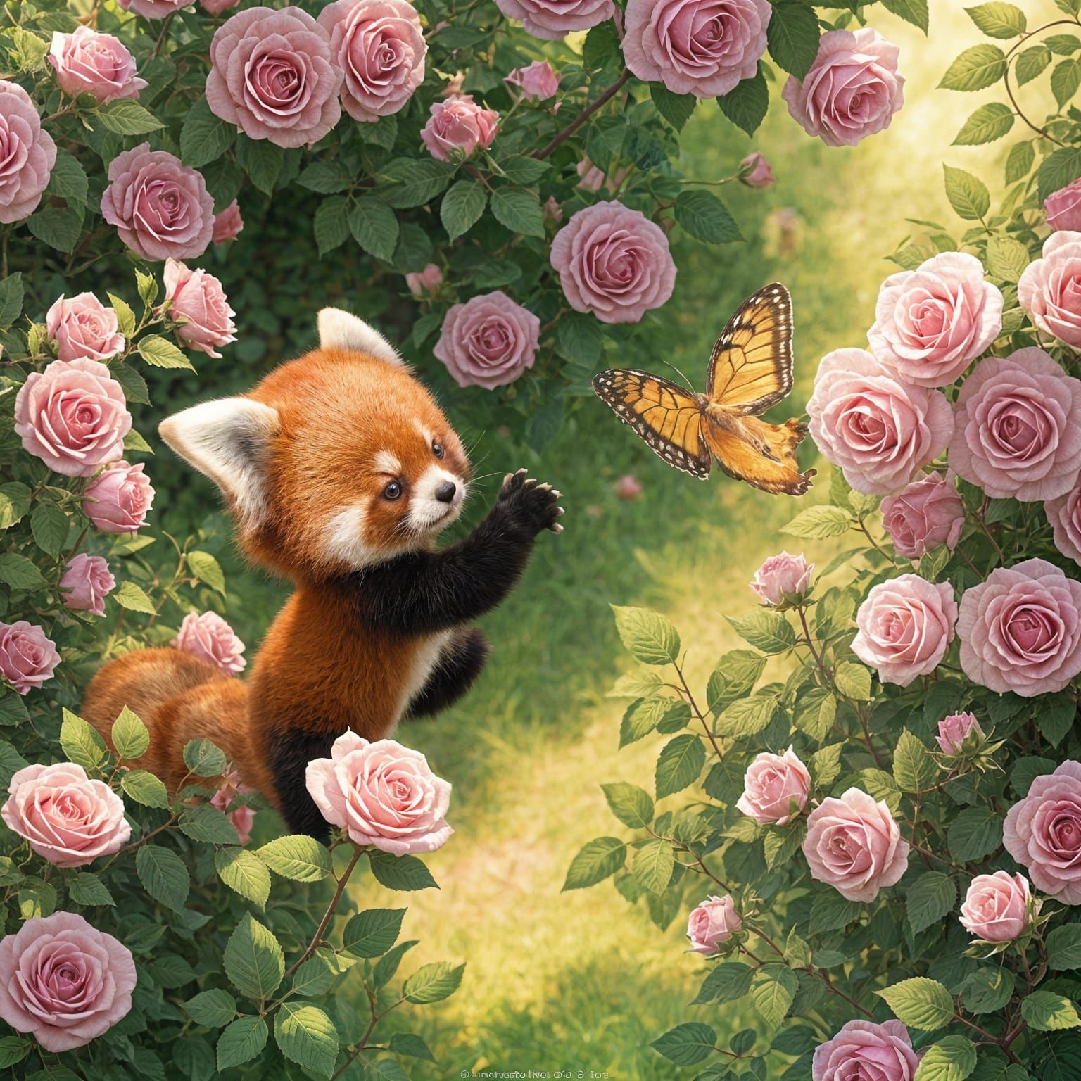 Red Panda Chasing Butterfly in Rose Bush