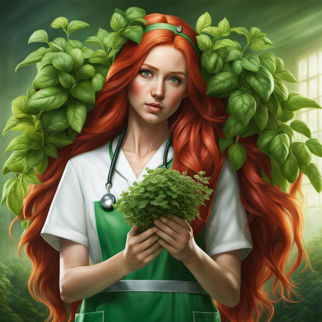 Hyperrealistic Healer with Red Hair and Green Eyes