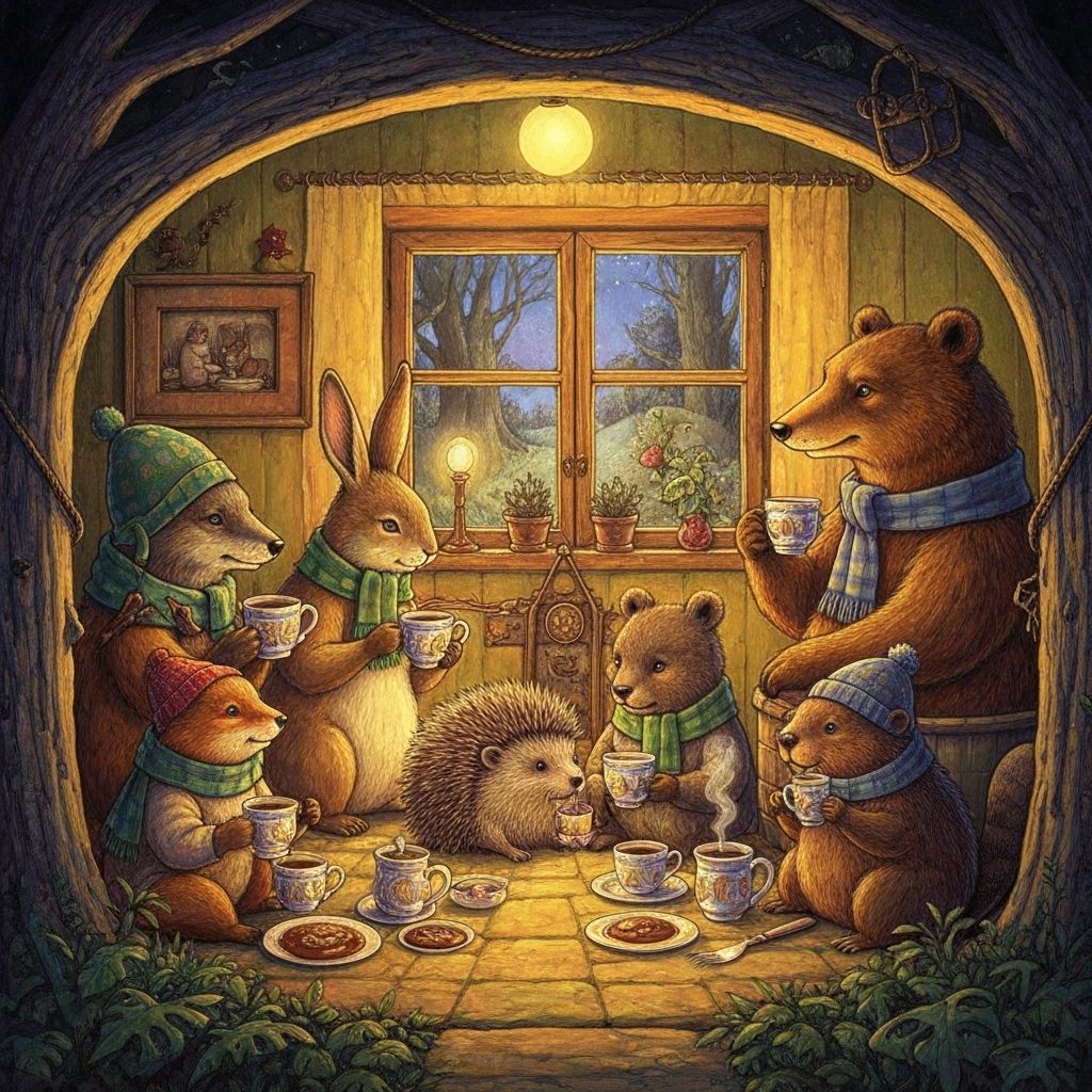 Cozy Nighttime Gathering of Forest Animals