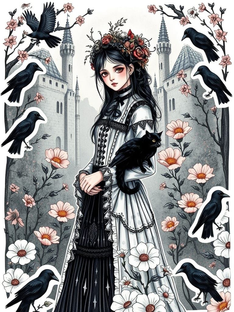 Gothic Victorian Woman with Black Cat Tattoo Art