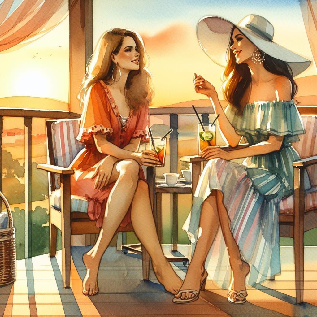 Friends Enjoying Sunset: A Watercolor Illustration