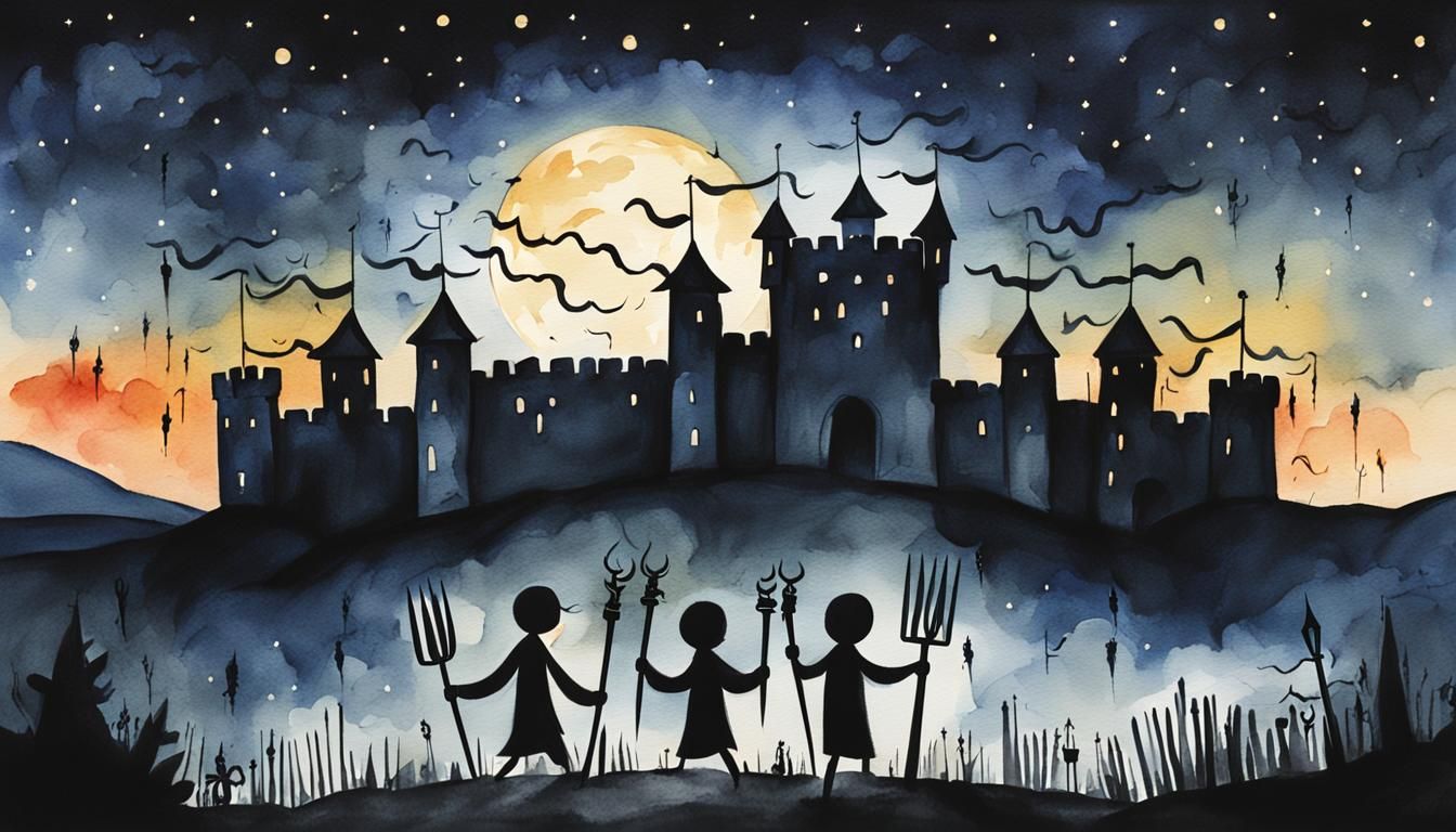 Moody Watercolor: Stick Figures Approach Castle
