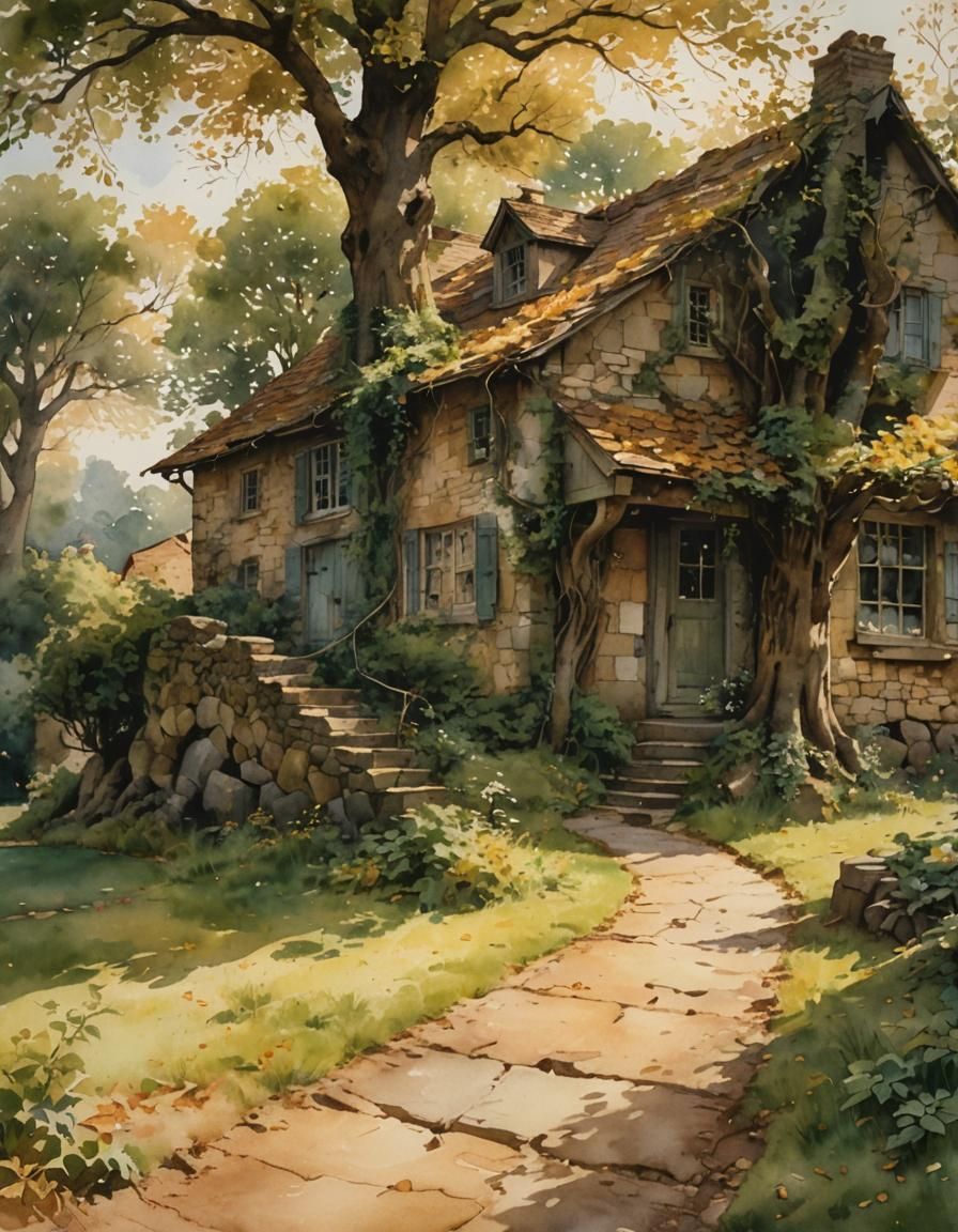 Watercolor Painting of Old Country House in Sunlight