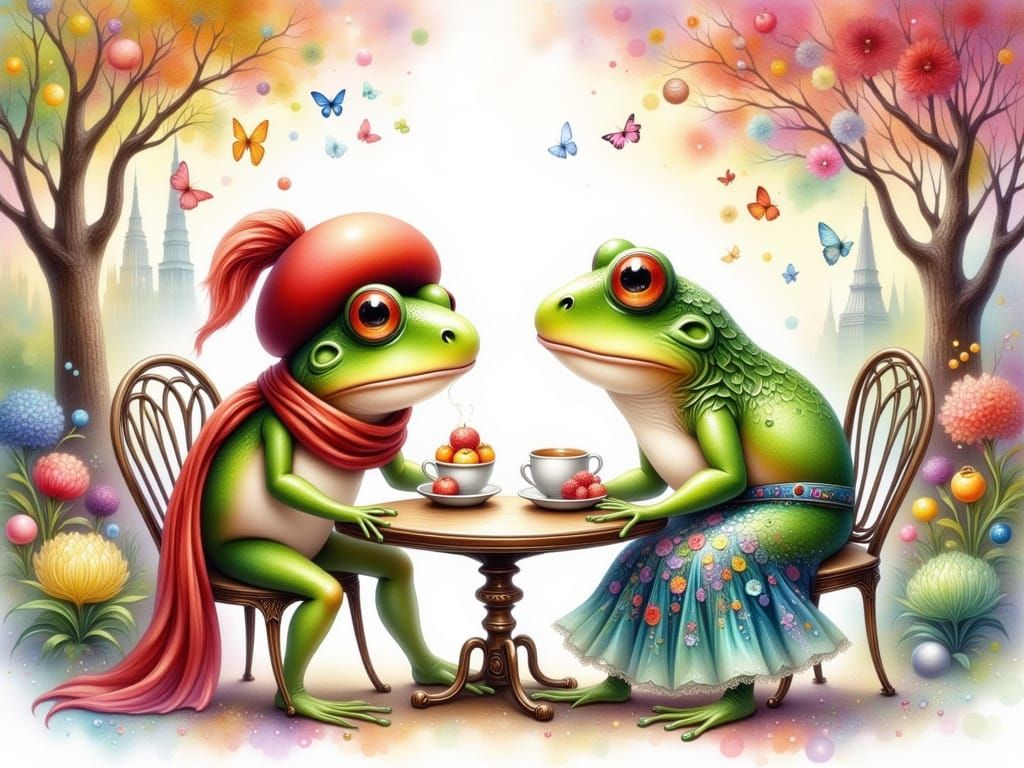 Frog Couple's Parisian Breakfast, Watercolor Illustration