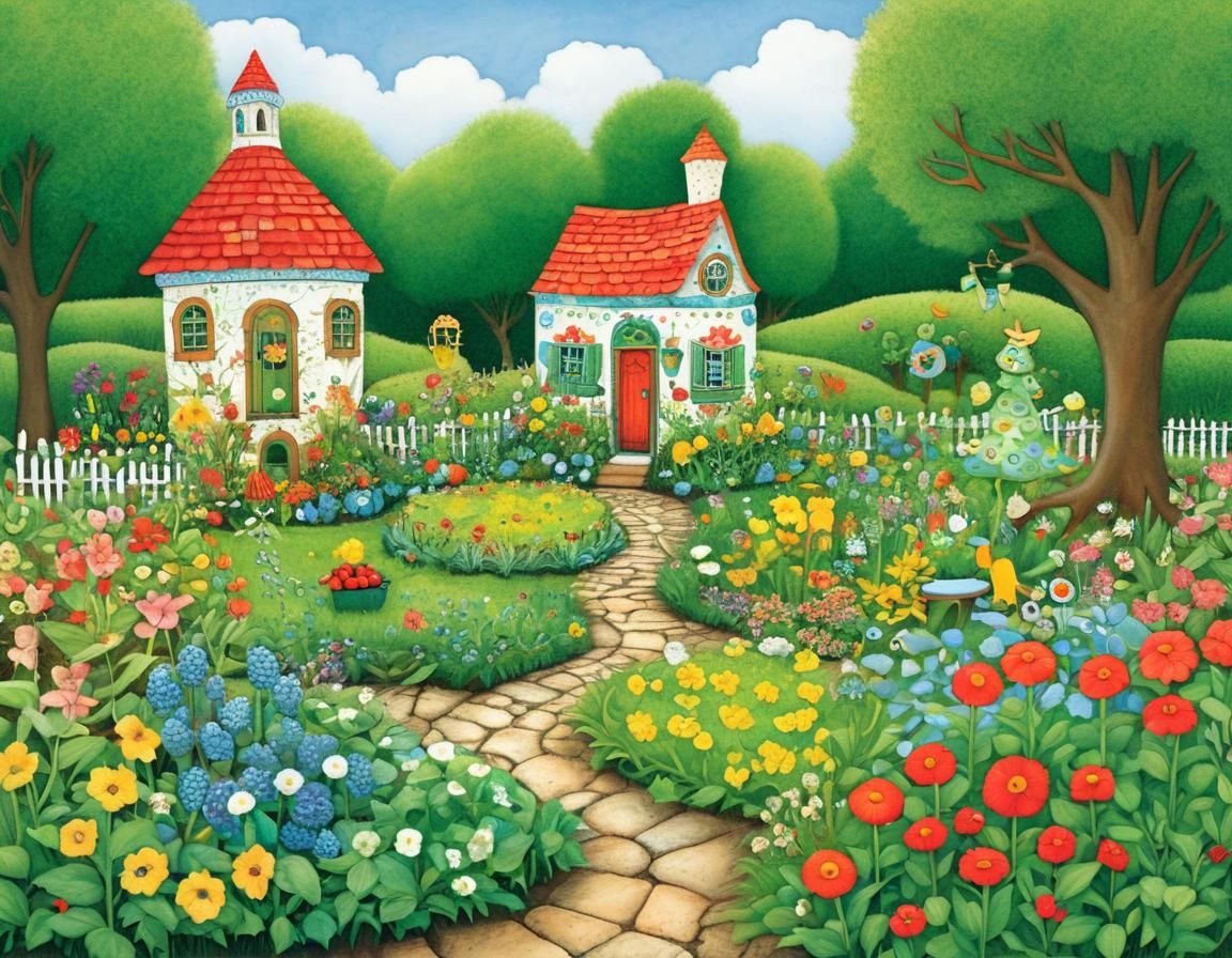 Enchanted Garden Illustration in Naive Art Style