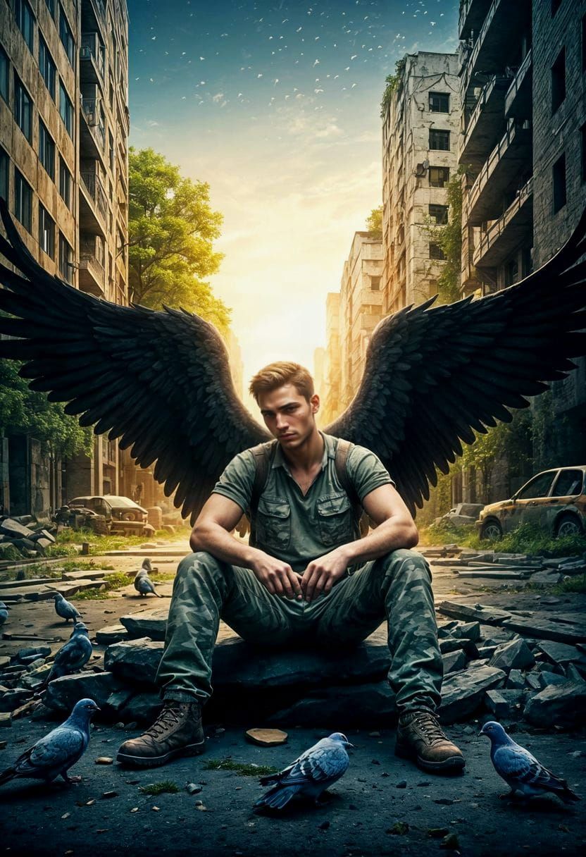Realistic Portrait of Angelic Warrior in Post-Apocalyptic Ru...