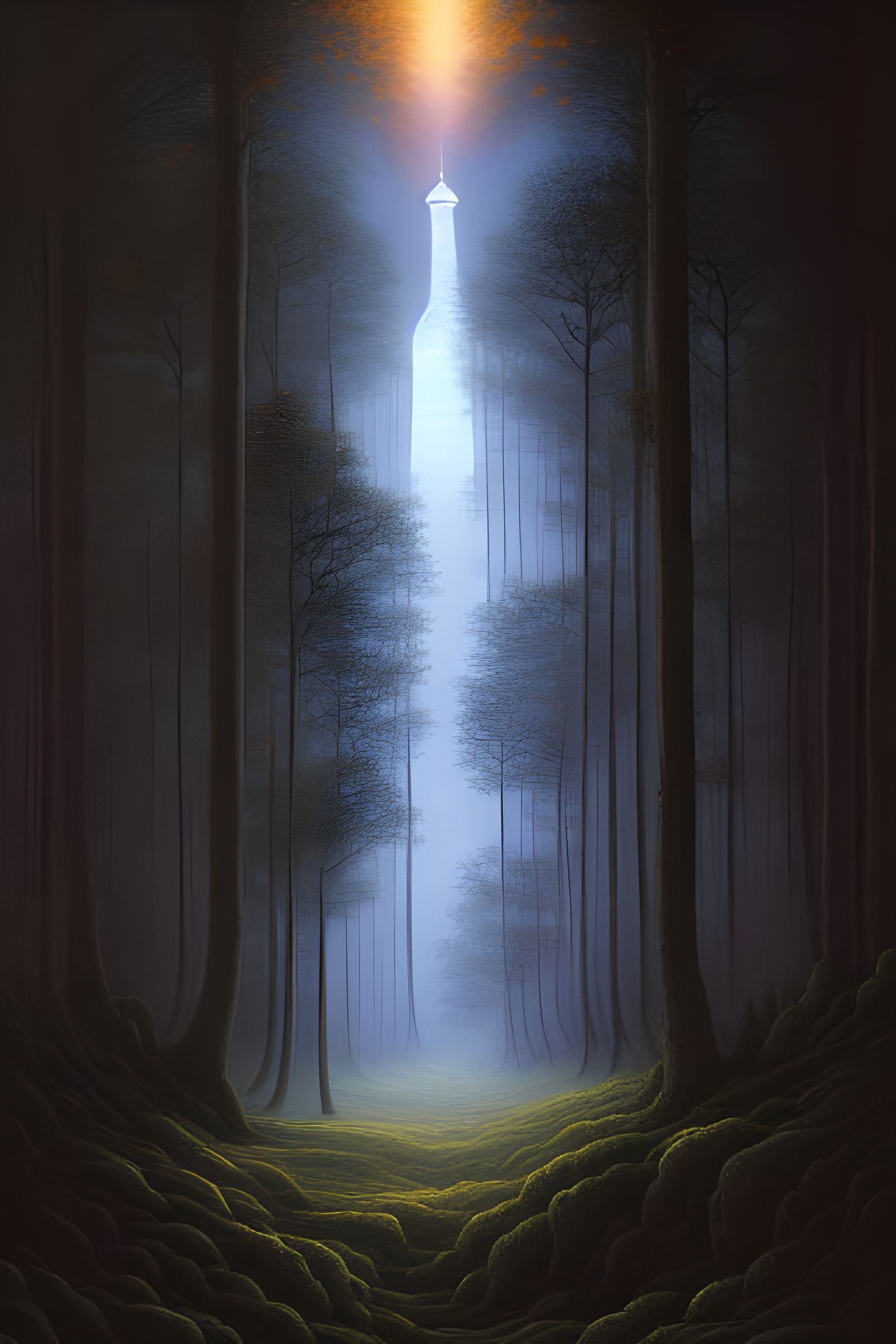 Surreal Forest with Swirling Tower, Digital Art