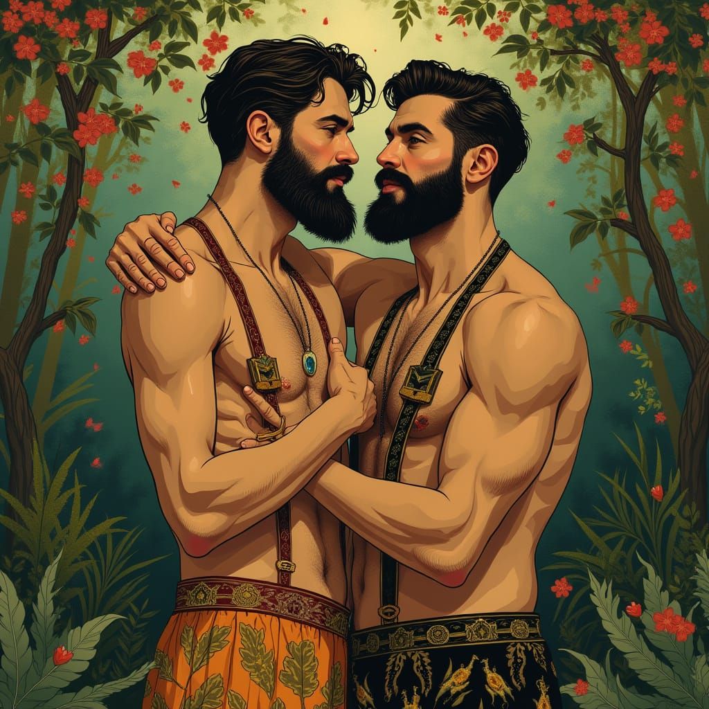 Romantic Art Deco Men in Whimsical Forest Embrace